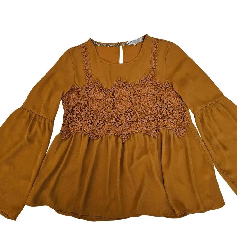 Jolt Rust Orange Crochet Lace Detail Bell Sleeve Peasant Style Blouse Sz Medium - Picture 4 of 12